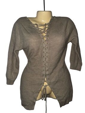 Lace-Up V-Neck Knit Sweater - Taupe